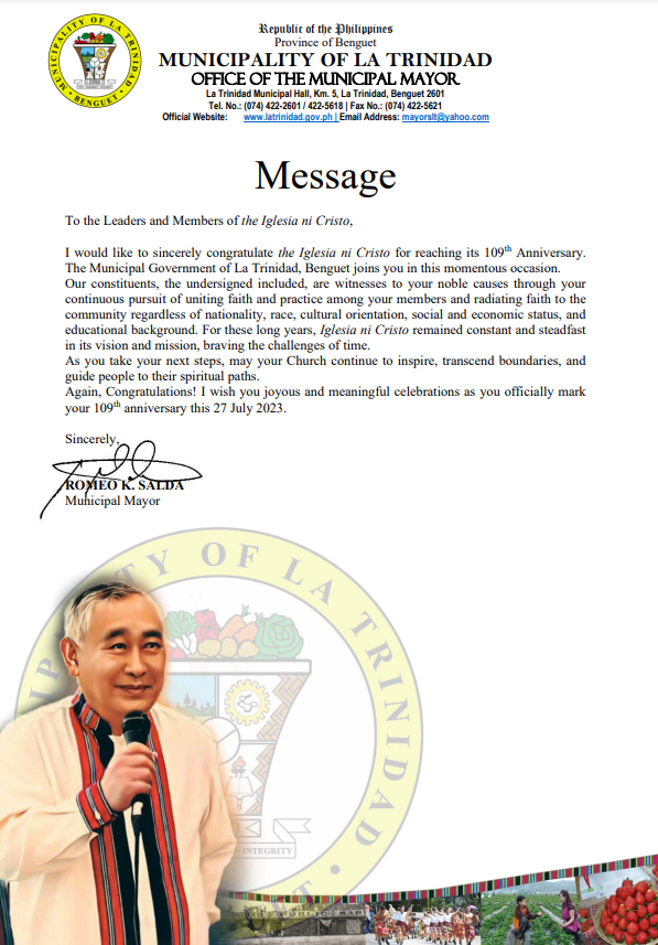 La Trinidad Mayor Romeo K. Salda in his message for the 109th Anniversary of the Iglesia Ni Cristo on July 27, 2023.