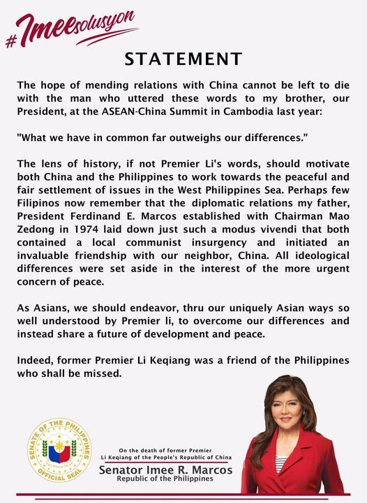 SENATOR IMEE MARCOS STATEMENT