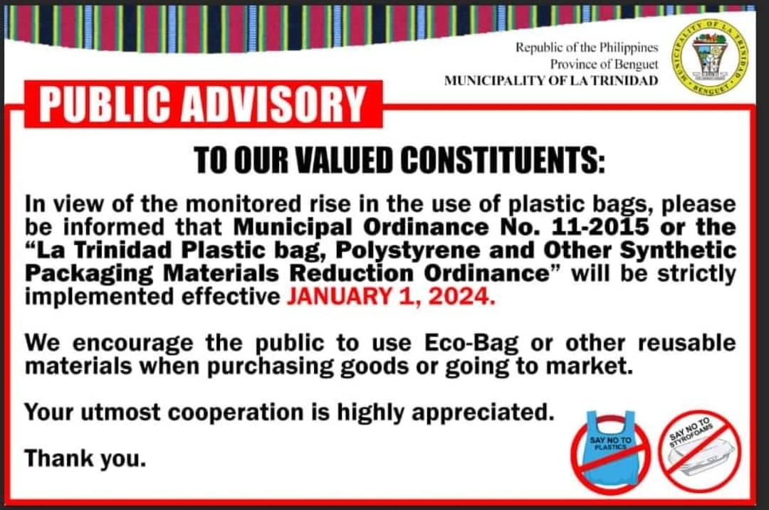 “NO to Plastic Bag!”  Strictly implemented effective January 1, 2024.