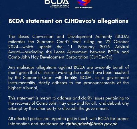 BCDA statement on CJHDevCo’s allegations