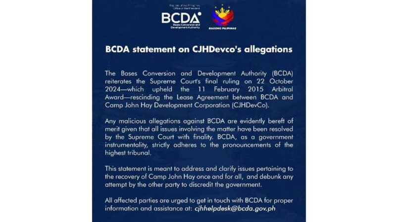 BCDA statement on CJHDevCo’s allegations